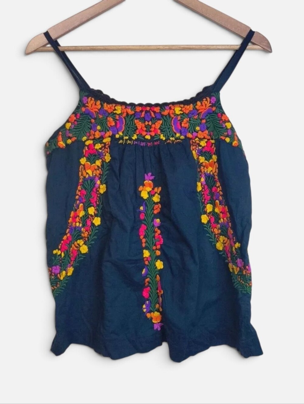 Lucky Brand Navy Cotton Multicolor Floral Embroidered Tank